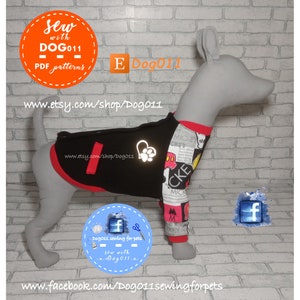 May include: A black and red dog sweater with a Mickey Mouse print. The sweater is on a gray dog mannequin. The image includes the text "Sew with DOG011 - - PDF patterns" and "www.etsy.com/shop/Dog011".
