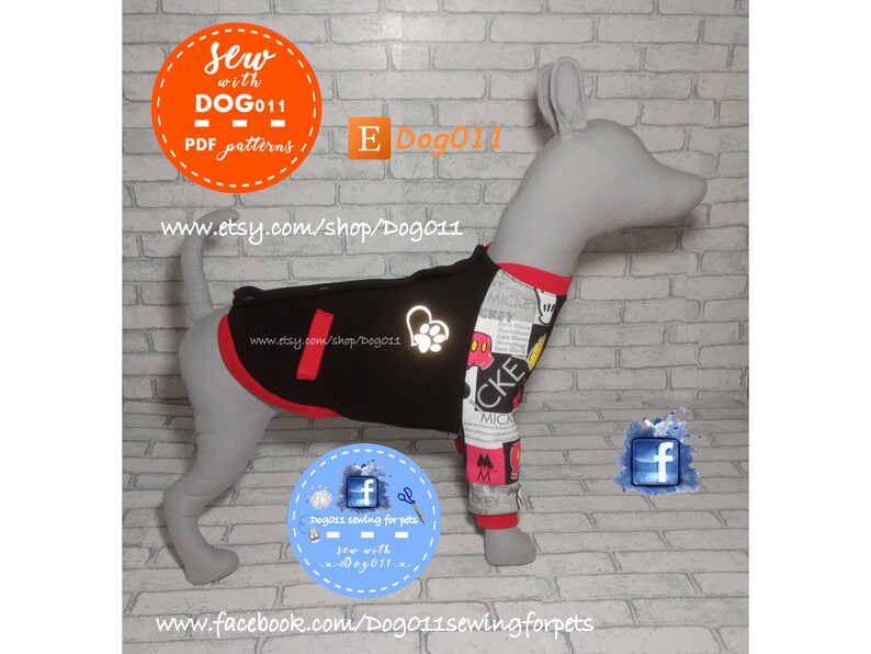 May include: A black and red dog sweater with a Mickey Mouse print. The sweater is on a gray dog mannequin. The image includes the text "Sew with DOG011 - - PDF patterns" and "www.etsy.com/shop/Dog011".