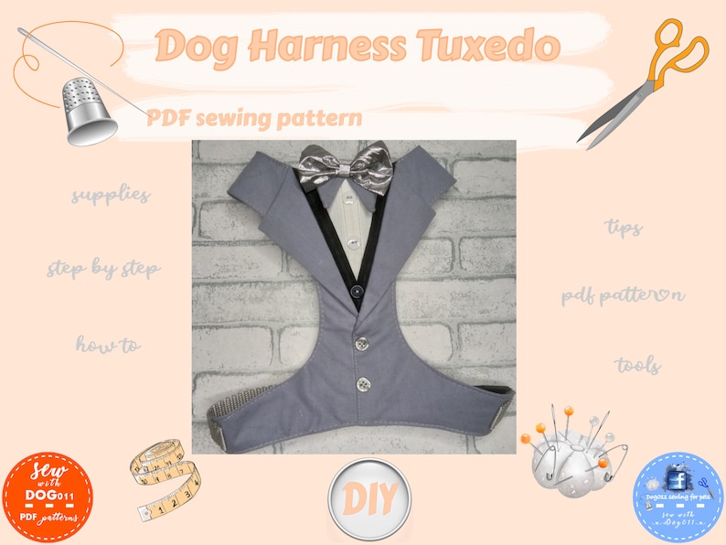 Pu&ograve; includere: Un modello di cucito fai-da-te per un harness da smoking per cani. Il modello include istruzioni, suggerimenti e strumenti per realizzare un harness da smoking grigio per cani. L'harness &egrave; dotato di un papillon e bottoni.