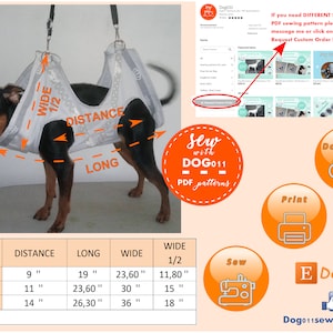 May include: A chart with measurements for a dog harness sewing pattern. The chart shows the size, distance, long, wide, and wide 1/2 measurements in inches. The image also includes a photo of a dog wearing the harness, a sewing machine, and a download button.