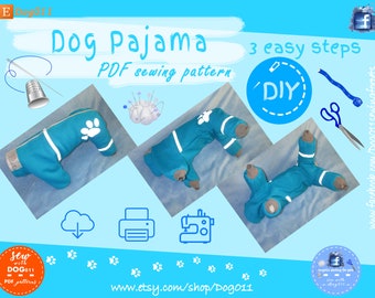 May include: A PDF sewing pattern for a dog pajama. The pattern includes instructions for making a blue and white dog pajama with paw print details. The image also shows a sewing machine, scissors, and measuring tape.