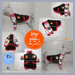 May include: A black and white patterned dog jacket with red trim and a black collar. The jacket has a red zipper and a black button. The jacket is on a white background. The text "Sew with DOG011 - PDF patterns" is on the image. The text "www.etsy.com/shop/Dog011" is on the image.