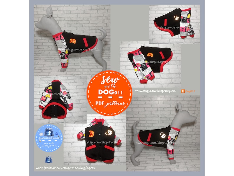 May include: A black and white patterned dog jacket with red trim and a black collar. The jacket has a red zipper and a black button. The jacket is on a white background. The text "Sew with DOG011 - PDF patterns" is on the image. The text "www.etsy.com/shop/Dog011" is on the image.