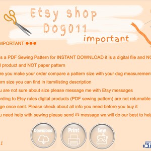 May include: A digital download for a PDF sewing pattern for a dog. The image shows a sewing needle, thimble, scissors, and a cloud with a download arrow. The text on the image reads "Etsy shop Dog011 important" and "this is a PDF Sewing Pattern for INSTANT DOWNLOAD it is a digital file and NOT a finished product and NOT paper pattern".