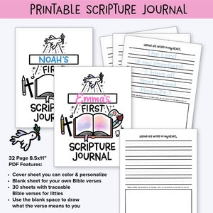 Può includere: Diario di Scrittura stampabile con una copertina colorata che presenta una colomba e un libro. La copertina è personalizzabile con un nome e il testo "Primo Diario di Scrittura". Il diario include 32 pagine, 30 fogli con versi biblici tracciabili e uno spazio vuoto per disegnare.