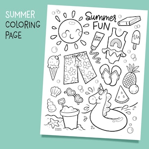 Puede incluir: Una página para colorear en blanco y negro con el texto "Summer Fun" y varias ilustraciones de temática veraniega, incluyendo un sol, un helado, gafas de sol, un unicornio, un traje de baño, chanclas, una piña, sandía y un cubo de playa.