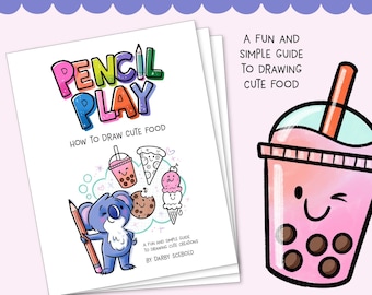 May include: A colorful book cover with the title "Pencil Play: How to Draw Cute Food" featuring a cartoon koala holding a pencil and surrounded by cute food illustrations. The book cover also includes the text "A fun and simple guide to drawing cute creations by Darby Scebold".