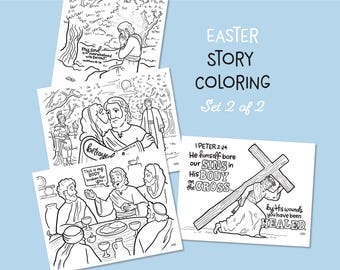 May include: Black and white coloring pages depicting scenes from the Easter story. The pages include illustrations of Jesus praying in the Garden of Gethsemane, Jesus being betrayed by Judas, Jesus sharing the Last Supper with his disciples, and Jesus carrying the cross. The pages also include Bible verses related to each scene.