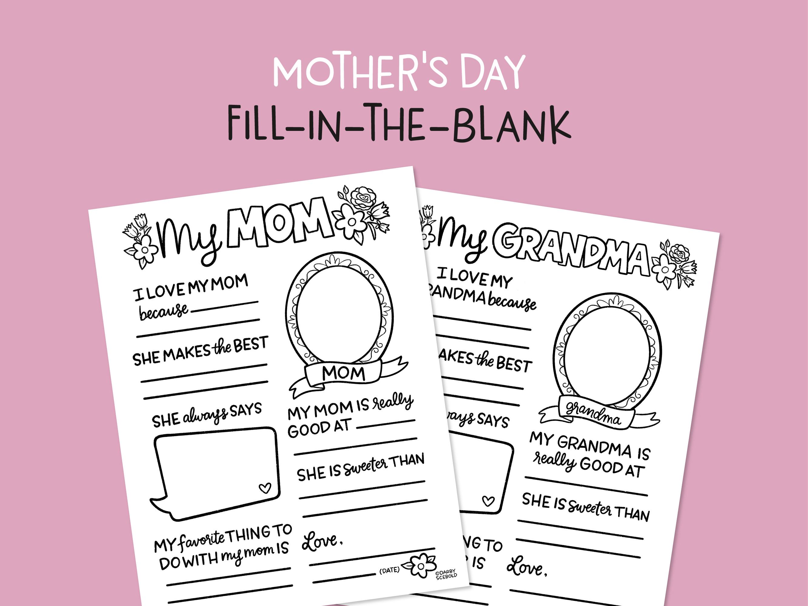 Mother's Day Fill-In-the-Blank Set | Mom, Mommy, Survey, Questionnaire, Form, Coloring Sheet, Page, Question and Answer, Cute Card PDF