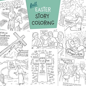 以下が含まれることがあります： イースターの物語を描いた白黒の塗り絵ページ。ページには、イエス、弟子、聖書の引用のイラストが描かれています。ページの上部には「イースターストーリー塗り絵」というタイトルがあります。