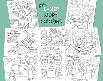 May include: Black and white coloring pages depicting scenes from the Easter story. The pages include illustrations of Jesus, disciples, and biblical quotes. The title "Full Easter Story Coloring" is at the top of the page.