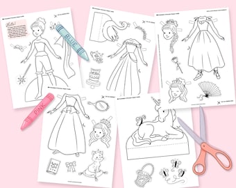 May include: Printable paper doll set featuring a princess with a crown, a swan, a unicorn, a cat, a fan, a basket, butterflies, a wand, a teacup, a cake, a mirror, a book, and a flower. The set includes cut-out pieces for dress-up and play.