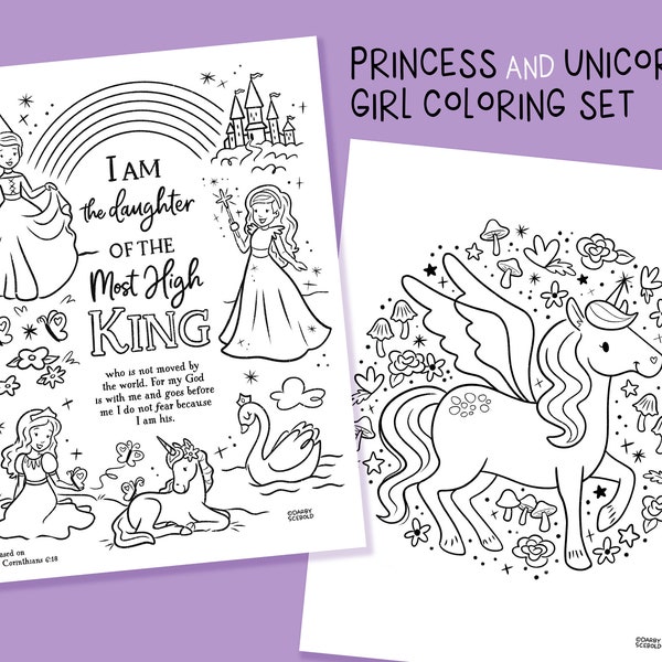 Girl Coloring Pages featuring Princesses, Unicorn, Fairy, Bible, Scripture, Daughter of the King, Castle, Printable Coloring Pages