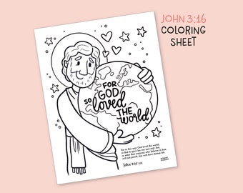 Jesus Coloring Sheet, John 3:16, Bible coloring pages,  scripture color, instant download, printable, Sunday school color, God, Bible verse