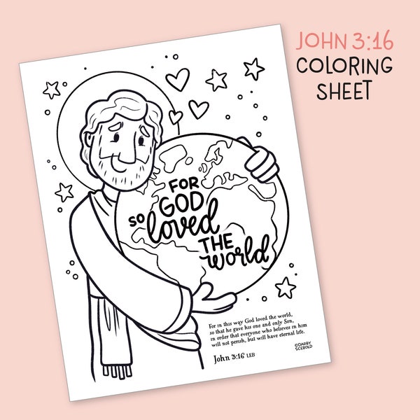 Jesus Coloring Sheet, John 3:16, Bible coloring pages,  scripture color, instant download, printable, Sunday school color, God, Bible verse