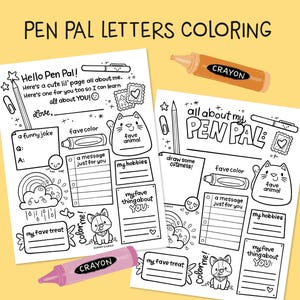 Puede incluir: Dos páginas para colorear con el texto "PEN PAL LETTERS COLORING" y "Hello Pen Pal!" y "all about my PEN PAL". Las páginas tienen secciones para rellenar e ilustraciones de un gato, un perro y un crayón. También se ven dos crayones.