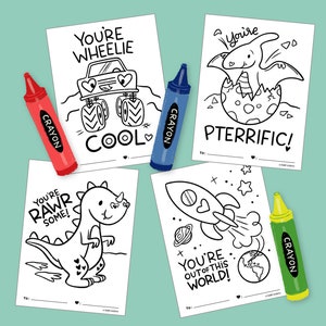 Boy Coloring Valentines Day Cards / printable DIY card / Valentines for kids / instant download / monster truck / rocket ship / dinosaur PDF