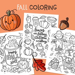 Fall Printable Coloring Pages, Autumn Coloring Book for Kids, Fall Leaf, Pumpkin, Pumpkin Patch, Scarecrow, PSL, Lattes, Pie PDF