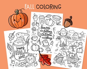Fall Printable Coloring Pages, Autumn Coloring Book for Kids, Fall Leaf, Pumpkin, Pumpkin Patch, Scarecrow, PSL, Lattes, Pie PDF