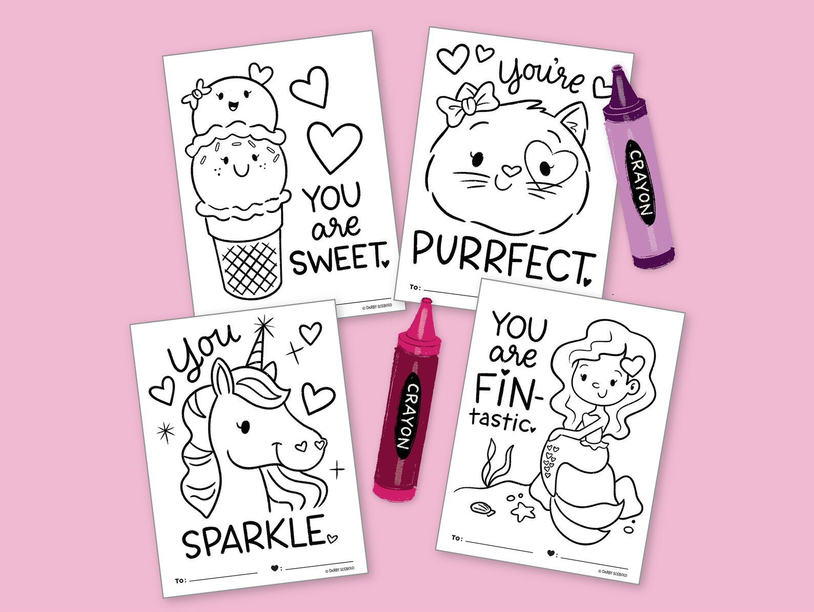 Girlie Coloring Valentines Day Cards / Printable DIY Card / Valentines ...