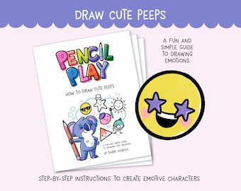 May include: A book cover with the title "Pencil Play: How to Draw Cute Peeps". The cover features a cartoon koala holding a pencil and surrounded by colorful cartoon characters. The text "A Fun and Simple Guide to Drawing Emotions" is also on the cover.