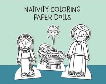 May include: Black and white printable paper dolls of Mary, Joseph, baby Jesus, and the star of Bethlehem.  The dolls are designed for colouring and are part of a Nativity scene.