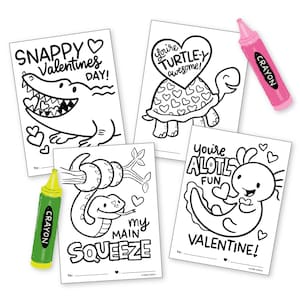 May include: Four black and white coloring pages with Valentine's Day themes. The pages feature a crocodile, a turtle, a snake, and an axolotl. Each page has the text "You're" and a Valentine's Day message. The pages are accompanied by two crayons, one pink and one green.