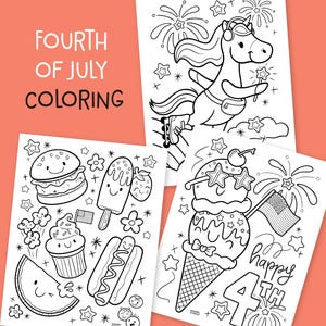 Fourth of July Printable Coloring Pages | Happy 4th, Patriotic, America, Land of the Free, Cute Food, American Flag, Red, White & Blue PDF