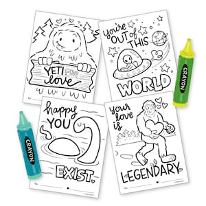 Cryptid Coloring Valentines Day Cards / printable DIY card / Valentines for kids /  instant download / Bigfoot / Loch Ness Monster / Alien