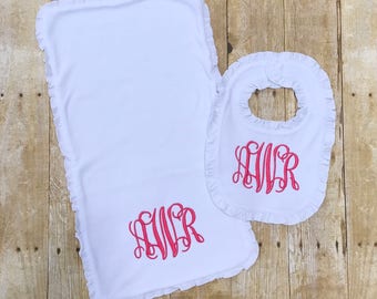Personalized ruffle bib and burp cloth set, baby shower gift, embroidered ruffle bib and burp cloth, newborn baby gift, cute ruffle set