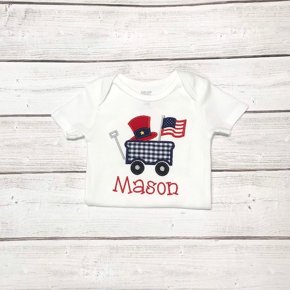 Fourth of July embroidered shirt, personalized 4th of july shirt, baby shower gift, 4th of July outfit, flag wagon boy shirt, cute boy shirt