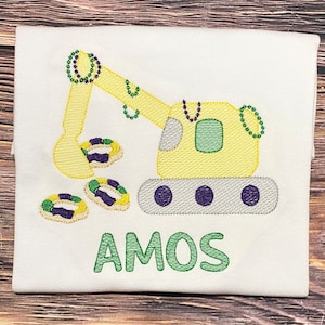 Mardi Gras shirt, personalized Mardi Gras shirt, excavator Mardi Gras shirt, Mardi Gras onesie, cute baby bodysuit, Mardi gras baby,
