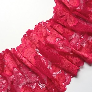 Red Stretch Floral Lingerie Sewing Wide Lace Trim, width 8.26 inch / 21 cm, # 5022