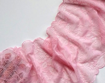 Pink Floral Stretch Lace Lingerie Sewing Lace Trim, width 6.69 inch / 17 cm, # 2456