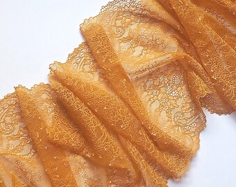 Mustard Color Stretch Lace Bra Making Floral Elastic Lace Trim, width 8.85" / 22.5 cm, # 5034