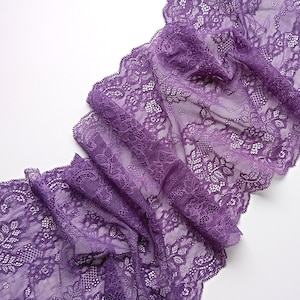 Purple Violet Stretch Lace Floral Wide Elastic Sewing Lace Trim, width 9.84&quot; / 23 cm,  # 5065