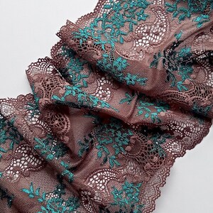 Taupe Emerald Green Stretch Lace Floral Lingerie Bra Sewing Lace, width 7.28 inch / 18.5 cm, # 7125