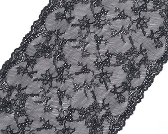 Schwarze Stretch-Spitze, breite florale elastische Spitzenborte, Breite 25 cm, #5148