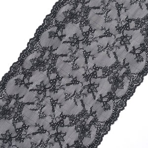 Black Stretch Lace, Wide Floral Elastic Lace Trim, width 9.84&quot; / 25 cm, # 5148