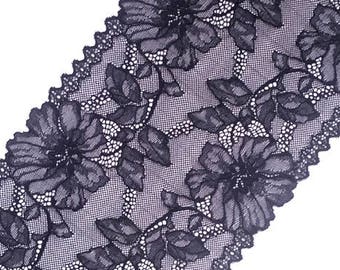 Schwarze Blumen Stretch Spitze Breite Dessous Elastische Spitzenborte, Breite 19 cm, # 2209