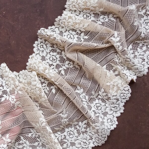 Stretch Lace beige color, Lace Two Tone wide lace, Lingerie lace, Lace trim, lace width 7,48 inch, 19 cm, Lace per coupons (pcs), Nr 2091