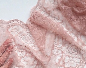 Old Rose Chantilly Tulle Lace, Pale Pink Lingerie Floral Lace Trim, width 8.66" / 22 cm, # 2146