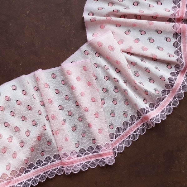 Pink Stretch Lace Trim Polka Dot Elastic Lace Sewing Lace Trim, width 6.88" / 17.5 cm, # 1125