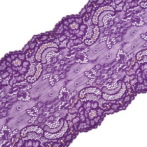 Stretch Purple Gold Elastic Lace Trim, width 6.29&quot; / 16 cm, # 5098