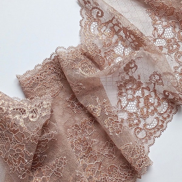 Beige Copper Lurex Stretch Floral Lace Sewig Decor Lingerie Elastic Lace Trim, width 6.89" / 17.5 cm, # 5011B