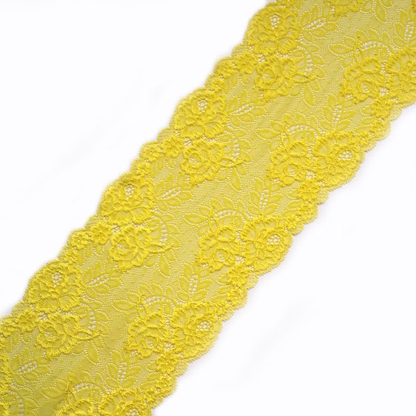 Stretch Lace yellow color, yellow lace fabric, Elastic lace yellow, wide lace, width 7,08 inch, lace 18 cm, lace per meter, Nr 1134