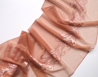 Brown Tulle Stretch Extra Wide Floral Lace Trimming, width 11.22" / 28.5 cm, # 1170