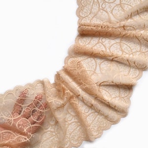 Beige Tüll-Stretch-Spitze, breite elastische Spitzenbesatz, Dessous-Spitze-BH, der Jakobsmuschel-Rand-Spitze, Breite 20,3 cm, # 1061