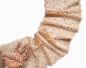 Beige Tulle Stretch Lace, Wide Elastic Lace Trim, Lingerie Lace Bra Making Scallop Edge Lace, width 7.99&quot; / 20.3 cm, # 1061