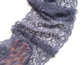 Smoky Lilac Gray Lace Trim Wide Stretch Lace Table Runner Lace, width 9.44&quot; / 24 cm, # 2552